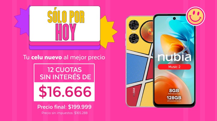 &iexcl;Solo por hoy! Tu nuevo Nubia music 2 en 12 cutas sin inter&eacute;s de 16.666 pesos.